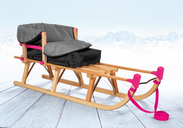 Rodelberg® Davos-Schlitten Holz 115 cm, Zuggurt, Lehne, Fußsack Grau