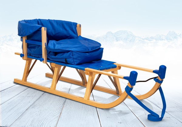 Rodelberg® Davos-Schlitten Gurtsitz 95 cm, Zuggurt, Lehne, Fußsack Blau