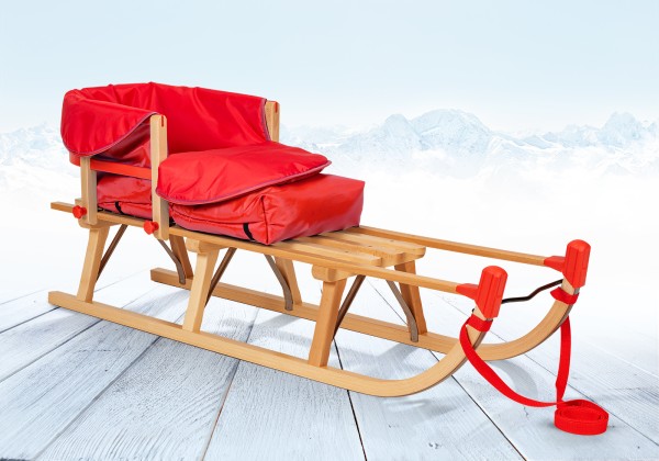 Rodelberg® Davos-Schlitten Holz 125 cm, Zuggurt, Lehne, Fußsack Rot
