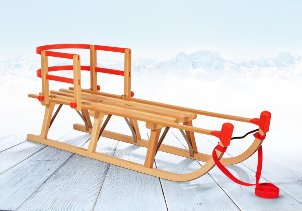 Rodelberg® Davos-Schlitten Holz 125 cm, Zuggurt Rot, Lehne Rot