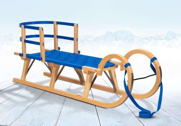 Rodelberg® Hörner-Schlitten Gurtsitz Blau 95 cm, Zuggurt, Lehne