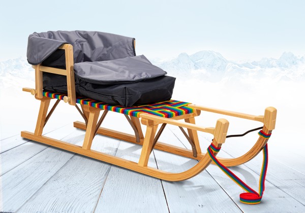 Rodelberg® Davos-Schlitten Gurtsitz Bunt 115 cm, Zuggurt, Lehne, Fußsack
