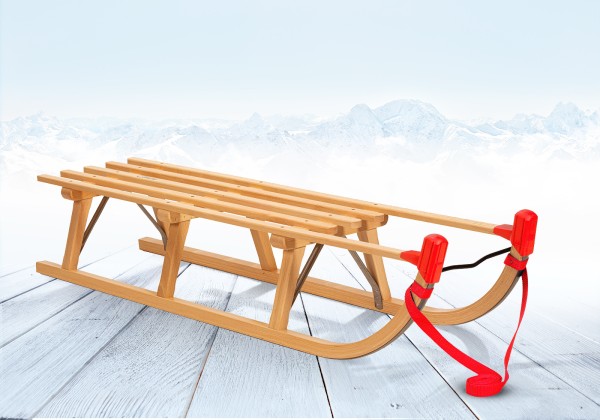 Rodelberg® Davos-Schlitten Holz 115 cm, Zuggurt Rot