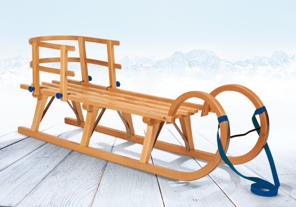 Rodelberg® Hörner-Schlitten Holz 115 cm, Zuggurt Blau, Lehne Blau