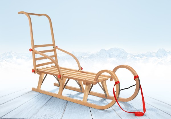 Rodelberg® Hörner-Schlitten Holz 105 cm, Zuggurt, Schieb-Lehne Rot