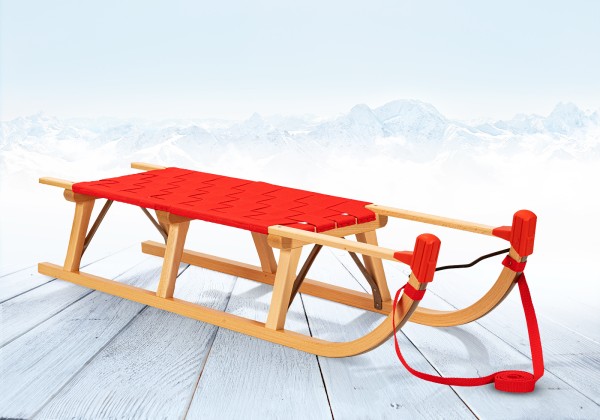 Rodelberg® Davos-Schlitten Gurtsitz Rot 95 cm, Zuggurt Rot