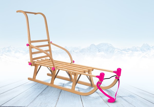 Rodelberg® Davos-Schlitten Holz 105 cm, Zuggurt Schieb-Lehne Pink