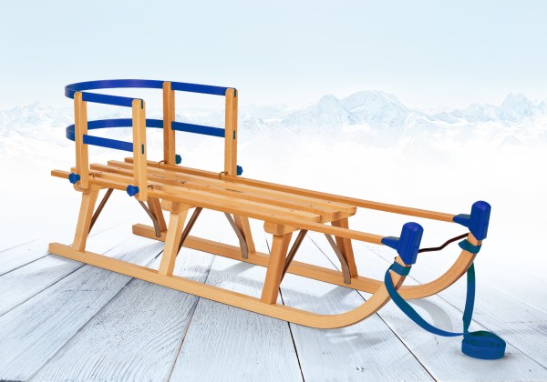 Rodelberg® Davos-Schlitten Holz 95 cm, Zuggurt Blau, Lehne Blau