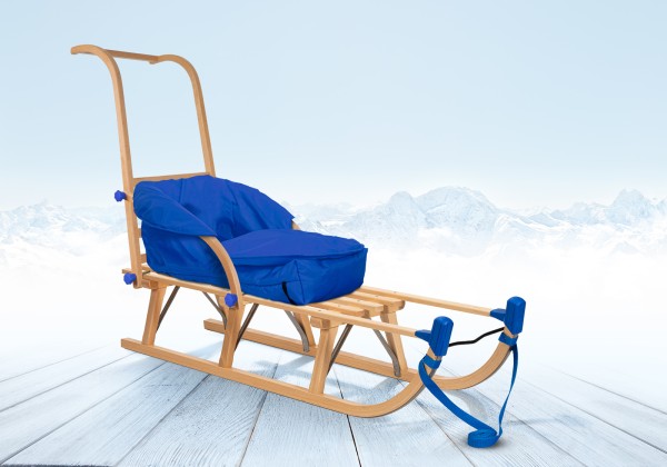 Rodelberg® Davos-Schlitten Holz 105 cm, Zuggurt, Schieb-Lehne, Fußsack Blau