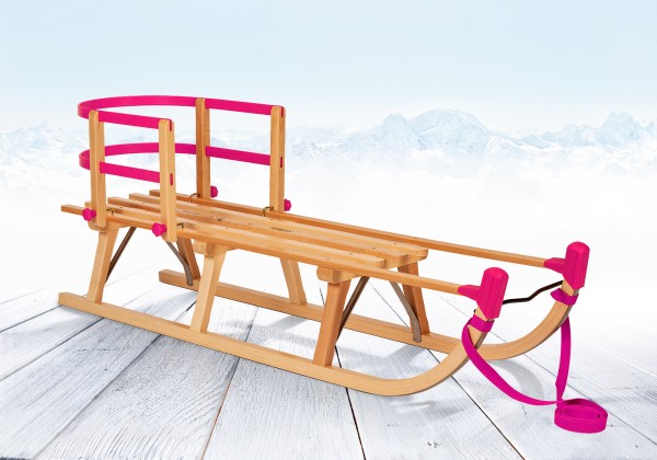 Rodelberg® Davos-Schlitten Holz 95 cm, Zuggurt Pink, Lehne Pink