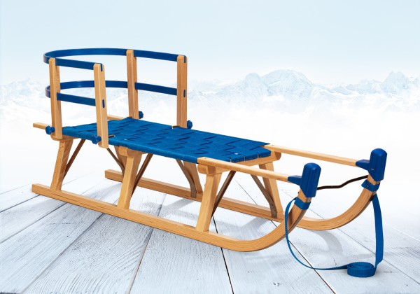 Rodelberg® Davos-Schlitten Gurtsitz Blau 95 cm, Zuggurt Blau, Lehne Blau