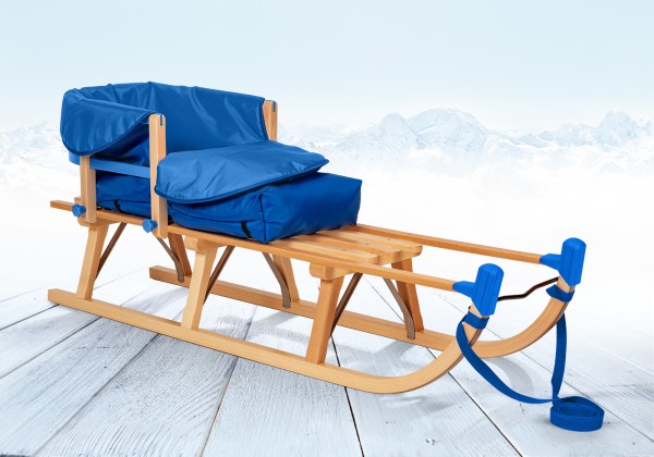 Rodelberg® Davos-Schlitten Holz 125 cm, Zuggurt, Lehne, Fußsack Blau