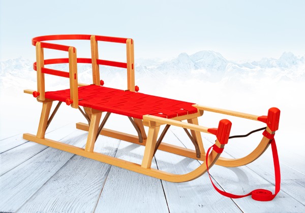 Rodelberg® Davos-Schlitten Gurtsitz Rot 105 cm, Zuggurt Rot, Lehne Rot