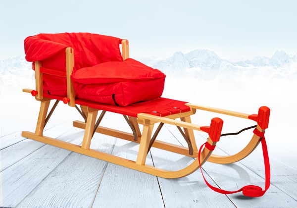 Rodelberg® Davos-Schlitten Gurtsitz 115 cm, Zuggurt, Lehne, Fußsack Rot