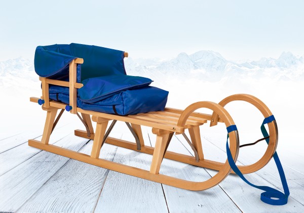 Rodelberg® Hörner-Schlitten Holz 95 cm, Zuggurt, Lehne, Fußsack Blau