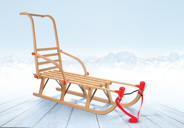 Rodelberg® Davos-Schlitten Holz 115 cm, Zuggurt Schieb-Lehne Rot