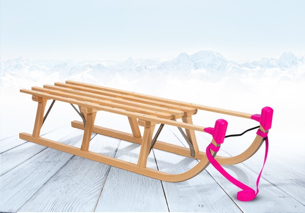 Rodelberg® Davos-Schlitten Holz 95 cm, Zuggurt Pink