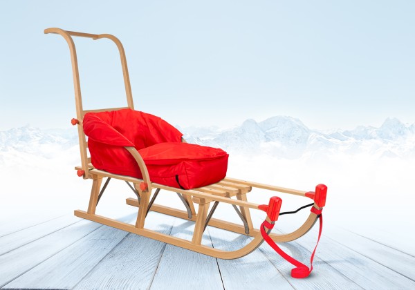 Rodelberg® Davos-Schlitten Holz 115 cm, Zuggurt, Schieb-Lehne, Fußsack Rot