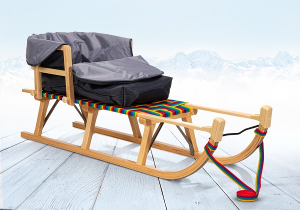 Rodelberg® Davos-Schlitten Gurtsitz Bunt 95 cm, Zuggurt, Lehne, Fußsack
