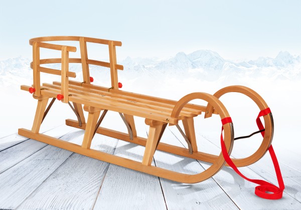 Rodelberg® Hörner-Schlitten Holz 115 cm, Zuggurt Rot, Lehne Rot
