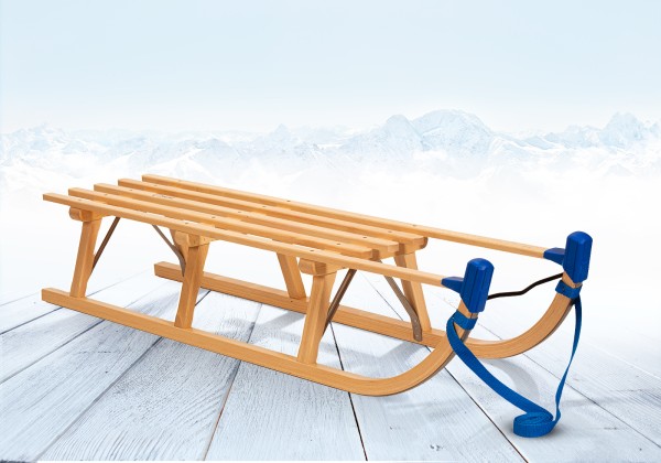 Rodelberg® Davos-Schlitten Holz 105 cm, Zuggurt Blau