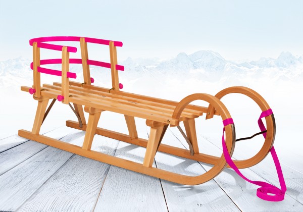 Rodelberg® Hörner-Schlitten Holz 95 cm, Zuggurt Pink, Lehne Pink