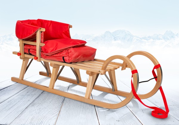 Rodelberg® Hörner-Schlitten Holz 105 cm, Zuggurt, Lehne, Fußsack Rot