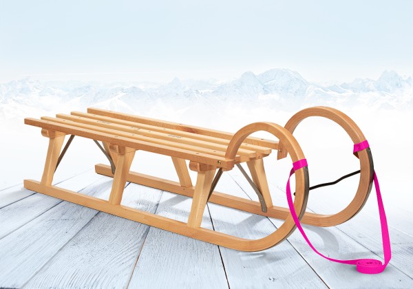 Rodelberg® Hörner-Schlitten Holz 115 cm, Zuggurt Pink