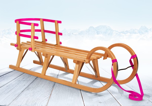 Rodelberg® Hörner-Schlitten Holz 105 cm, Zuggurt Pink, Lehne Pink