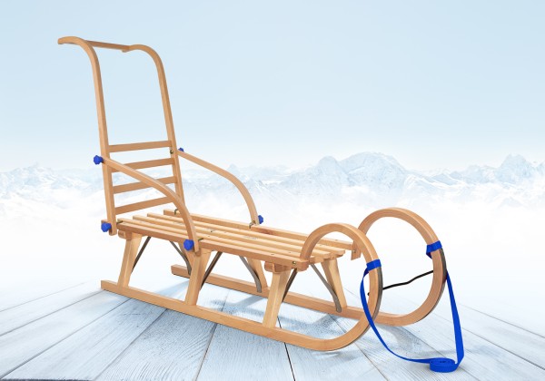 Rodelberg® Hörner-Schlitten Holz 115 cm, Zuggurt, Schieb-Lehne Blau