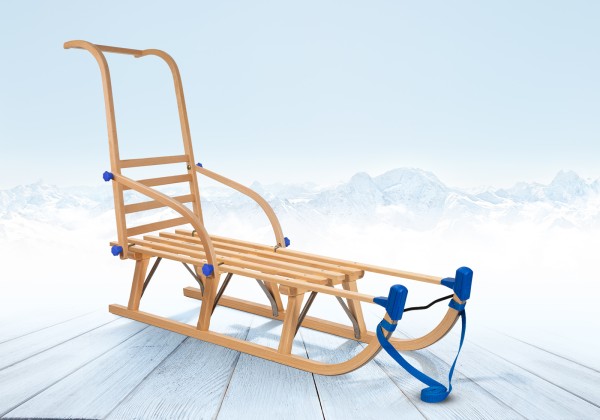 Rodelberg® Davos-Schlitten Holz 105 cm, Zuggurt, Schieb-Lehne Blau