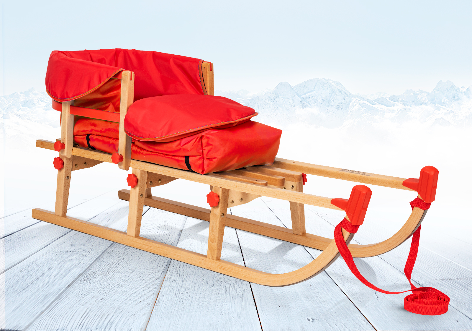 Holzschlitten mit Rückenlehne mit Winterfußsack Schlitten Rot 90cm 180cm Fleece 